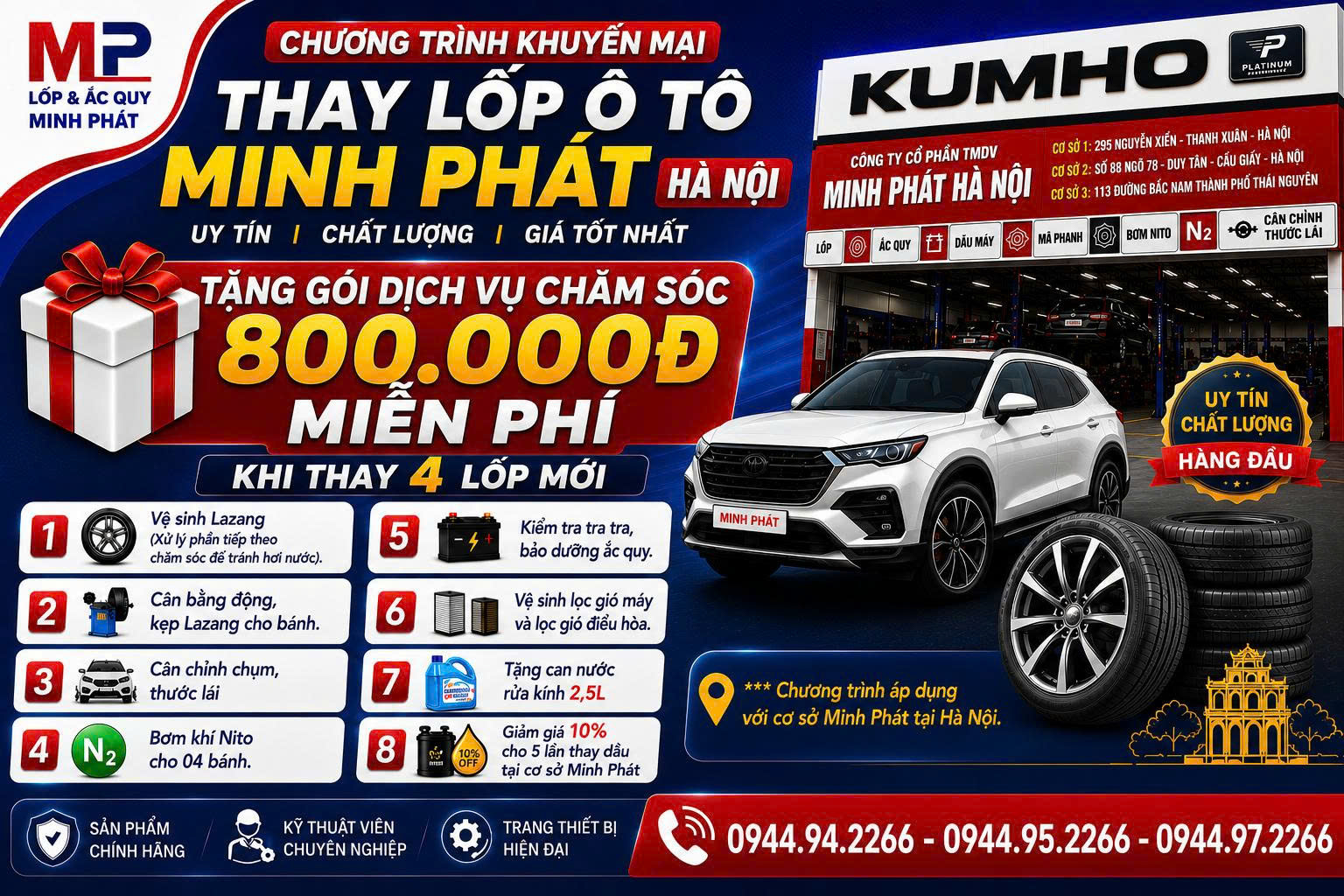 Thay lốp ô tô tại Minh Phát Hà Nội, khách hàng được hưởng những ưu đãi hấp dẫn