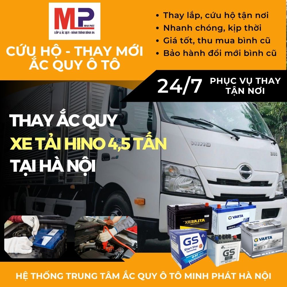 Ắc quy cho Xe tải Hino 4,5 tấn thay tận nơi, giá bán tại Hà Nội