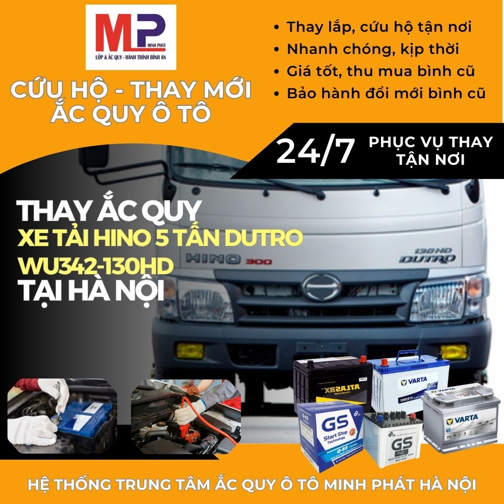 Ắc quy cho Xe tải Hino 5 tấn Dutro WU342-130HD thay tại Hà Nội