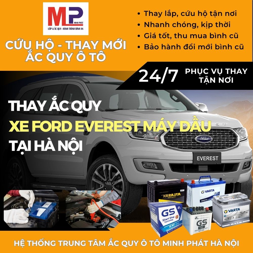 Ắc quy ô tô cho xe Ford Everest máy dầu cứu hộ, thay tại Hà Nội