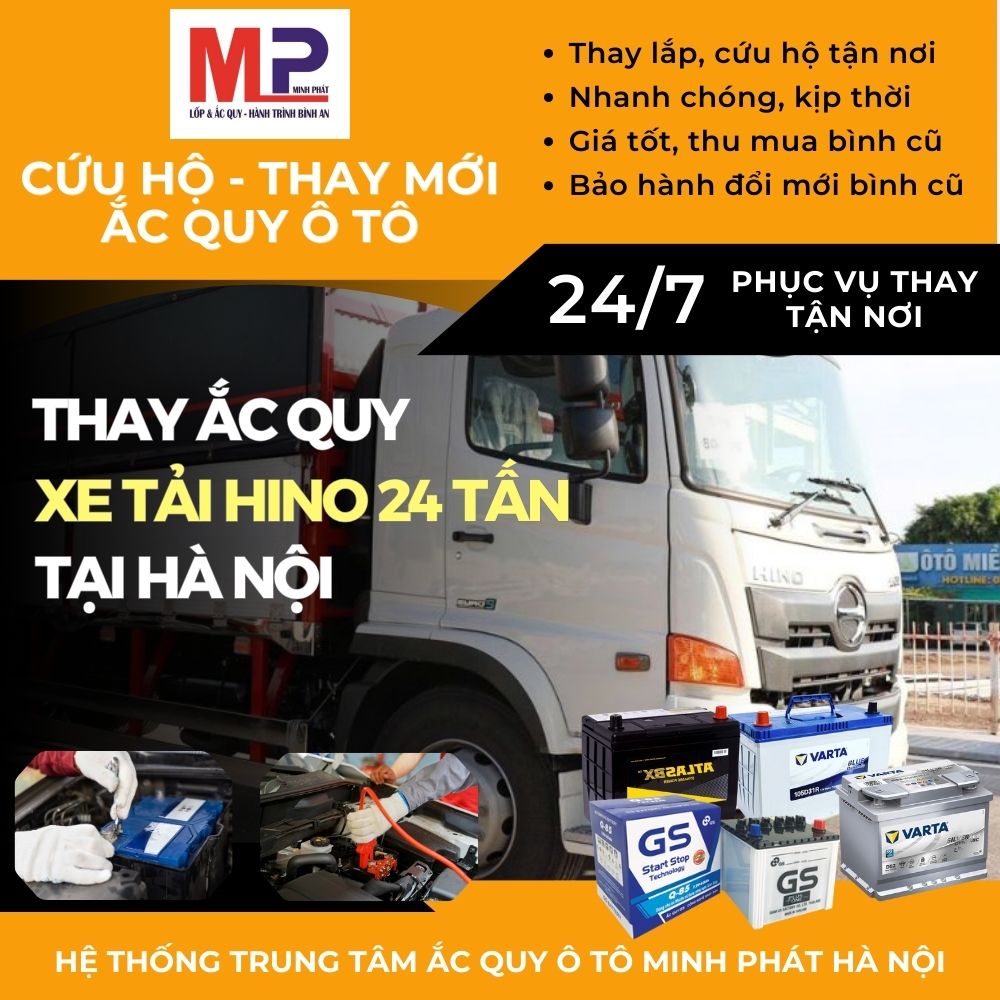 Ắc quy Xe tải Hino 24 tấn - Thay tận nơi, giá bán tốt tại Hà Nội