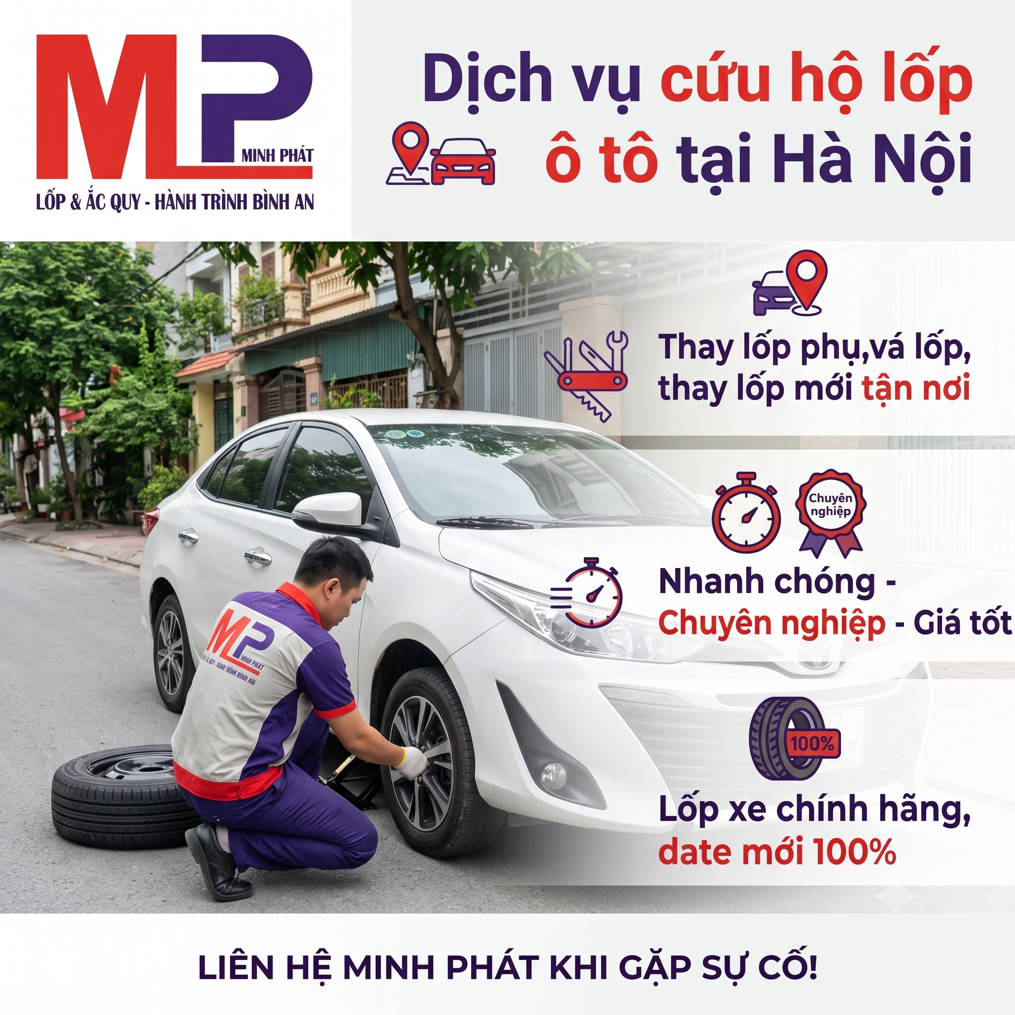 Cứu hộ vá, thay lốp ô tô tại Hà Nội nhanh chóng, uy tín