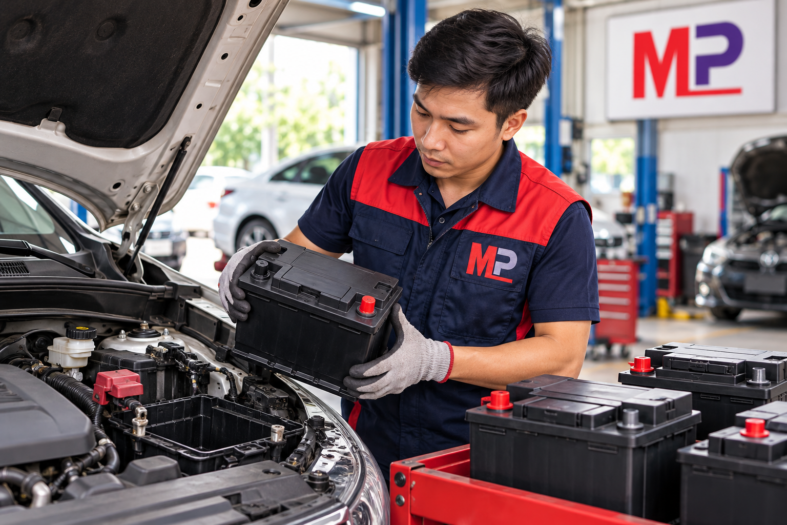 Nhân viên Minh Phát đối chiếu bình thay thế với khay ắc quy ô tô
