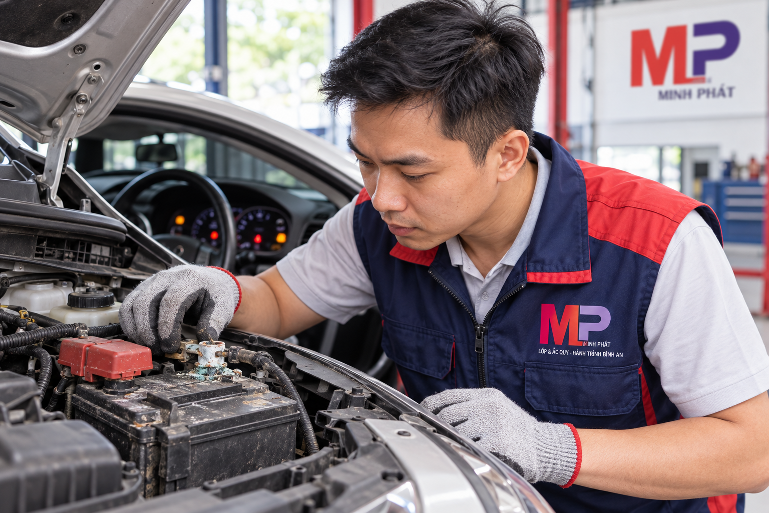 Nhân viên kỹ thuật Minh Phát kiểm tra dấu hiệu ắc quy ô tô yếu