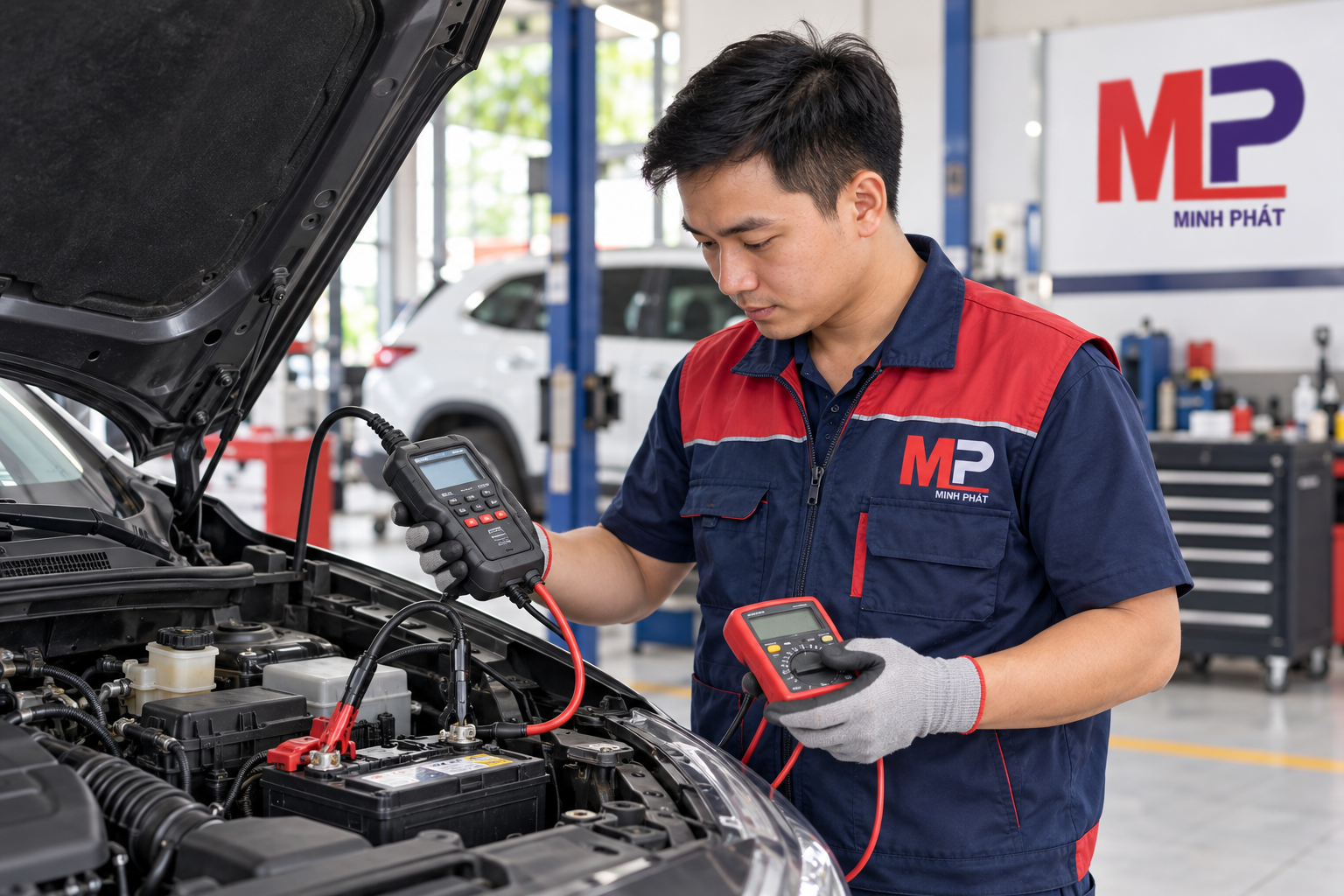 Nhân viên Minh Phát dùng thiết bị kiểm tra sức khỏe ắc quy ô tô