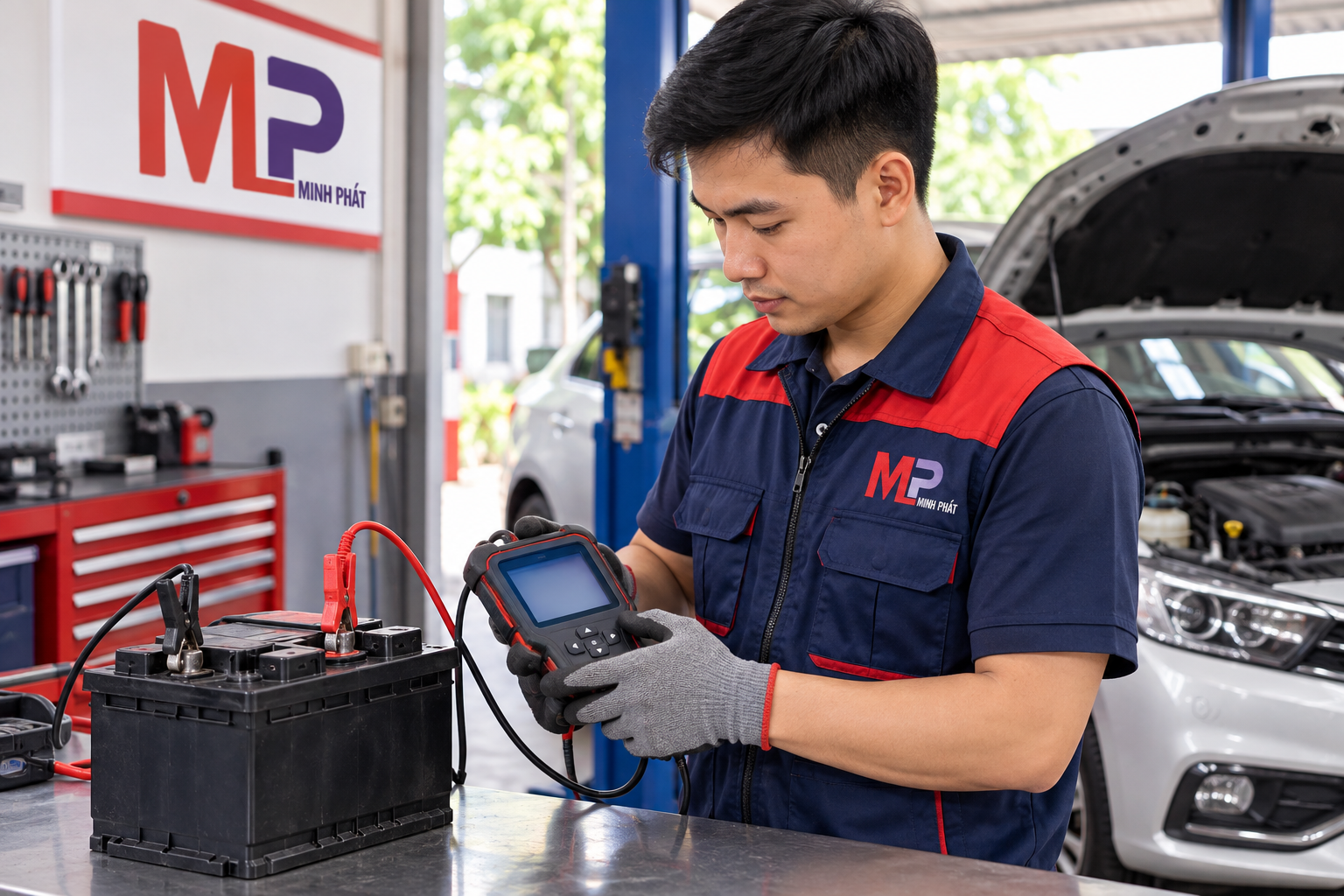 Nhân viên Minh Phát kiểm tra thông số Ah và CCA bằng máy phân tích ắc quy