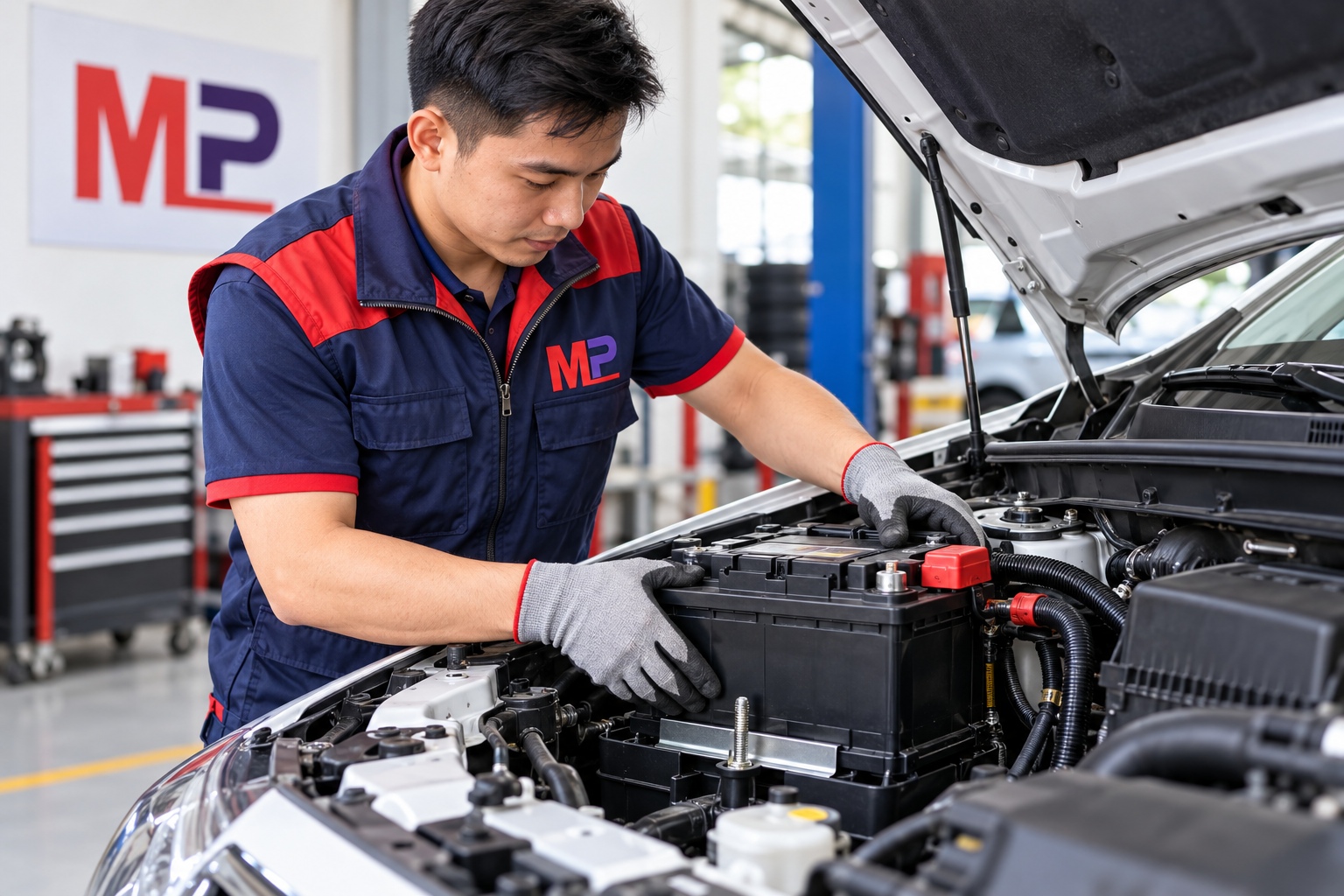 Nhân viên Minh Phát lắp thử bình đúng kích thước vào khay xe