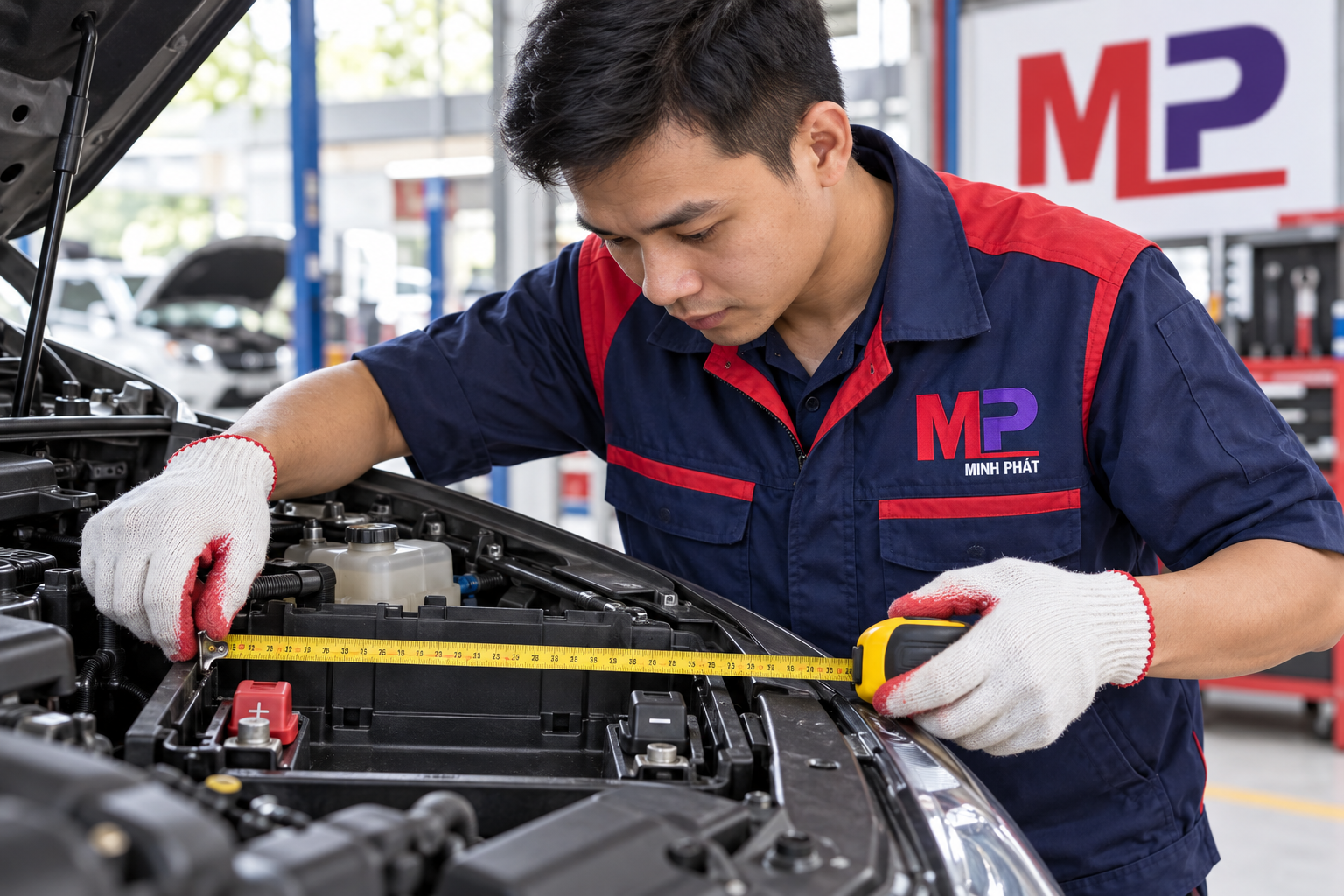 Nhân viên Minh Phát đo khay và kiểm tra vị trí cọc ắc quy ô tô