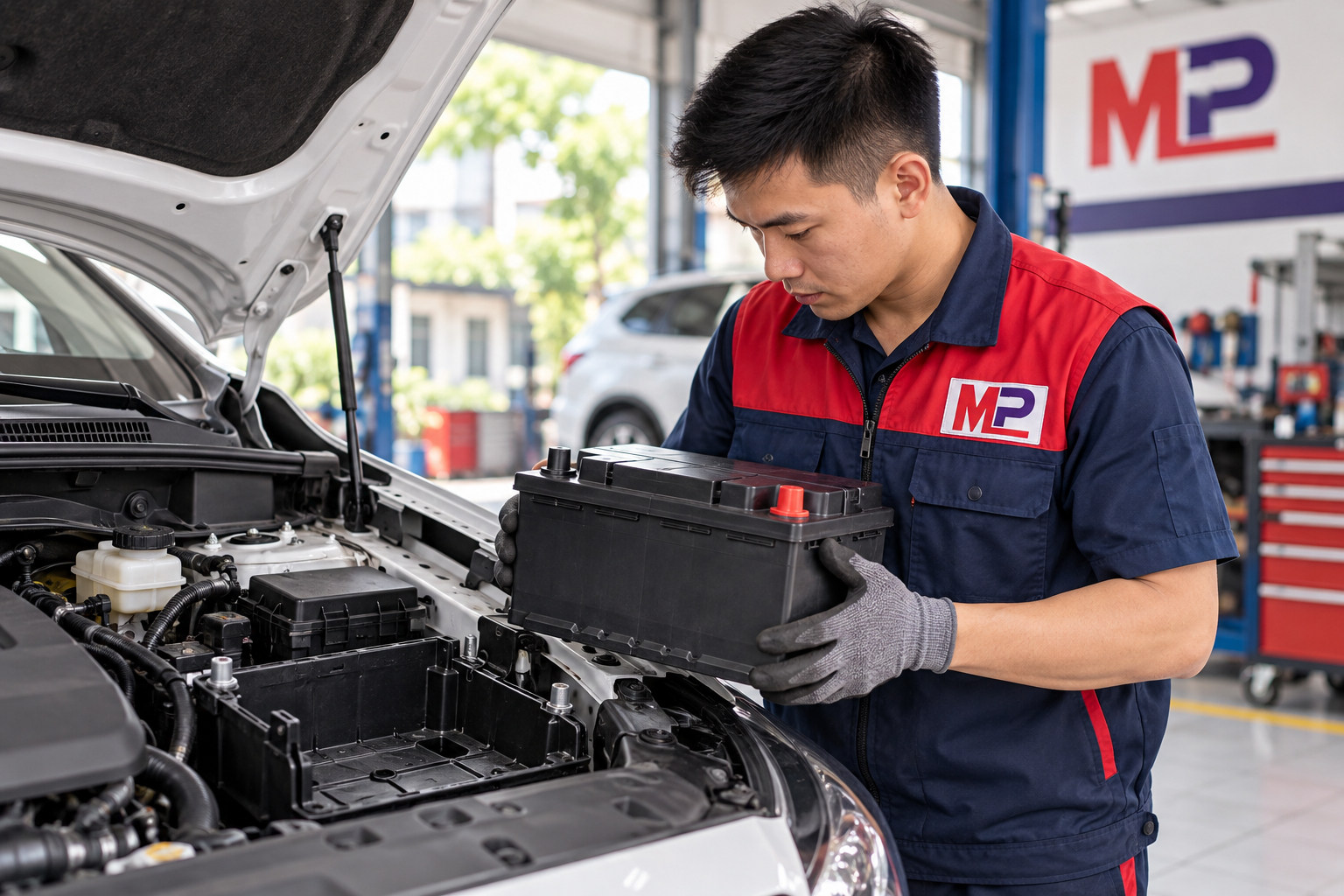Nhân viên Minh Phát đối chiếu ắc quy EFB với khay bình của xe