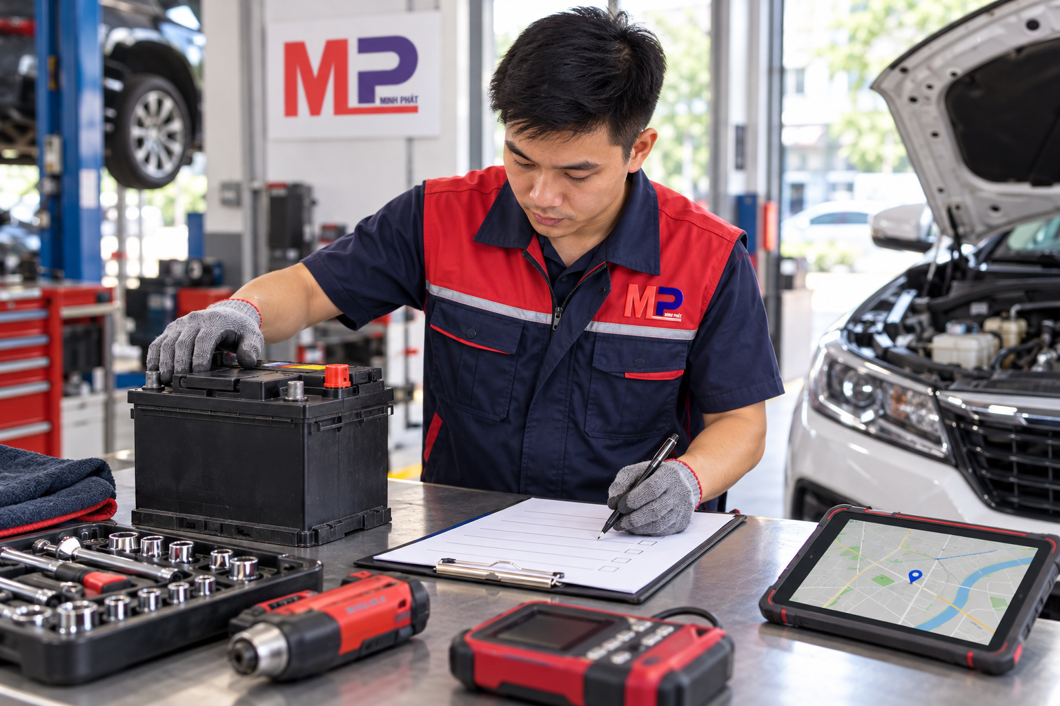 Nhân viên Minh Phát rà soát các hạng mục trong dịch vụ thay ắc quy