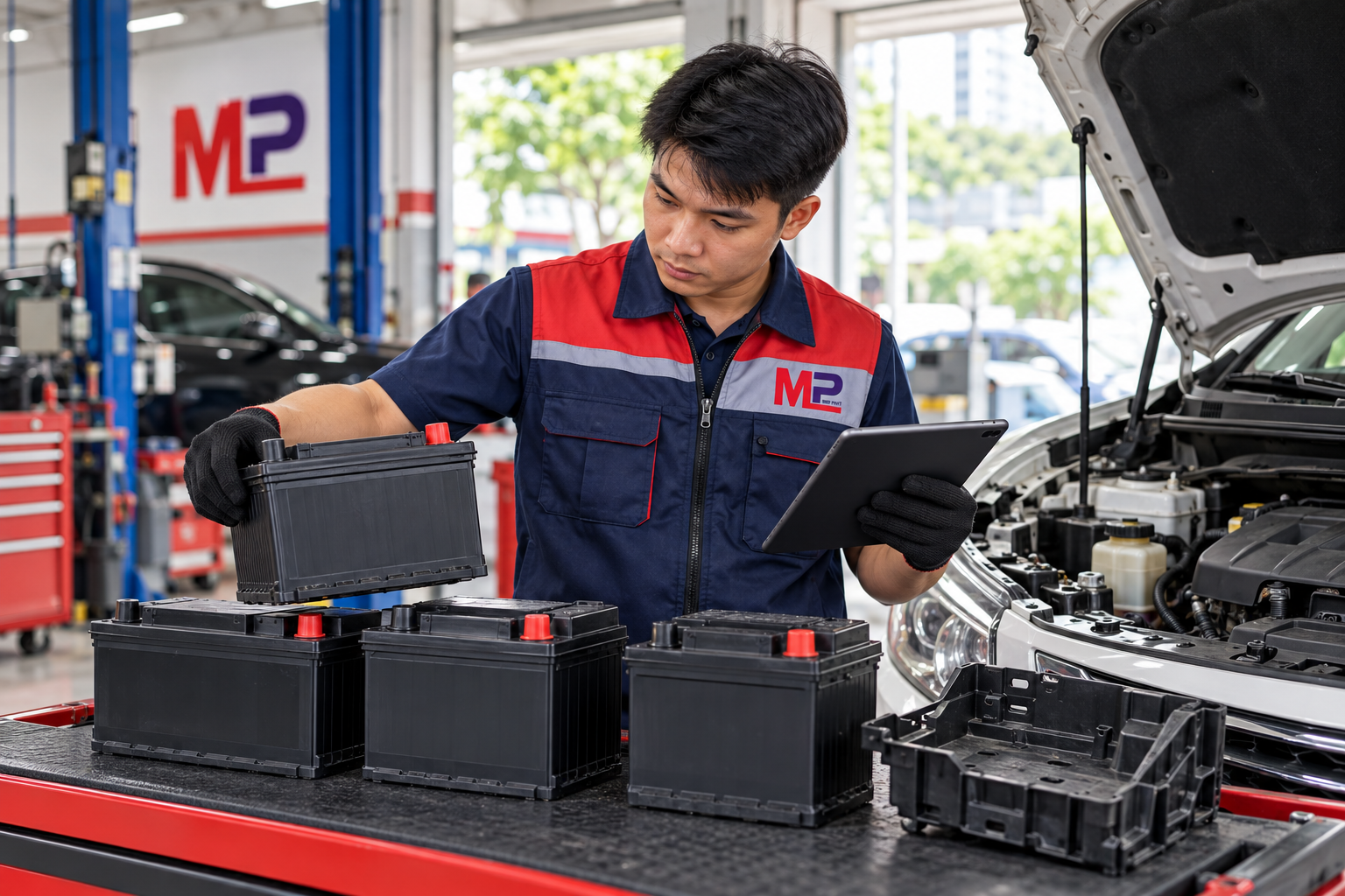 Nhân viên Minh Phát đối chiếu các lựa chọn ắc quy theo xe
