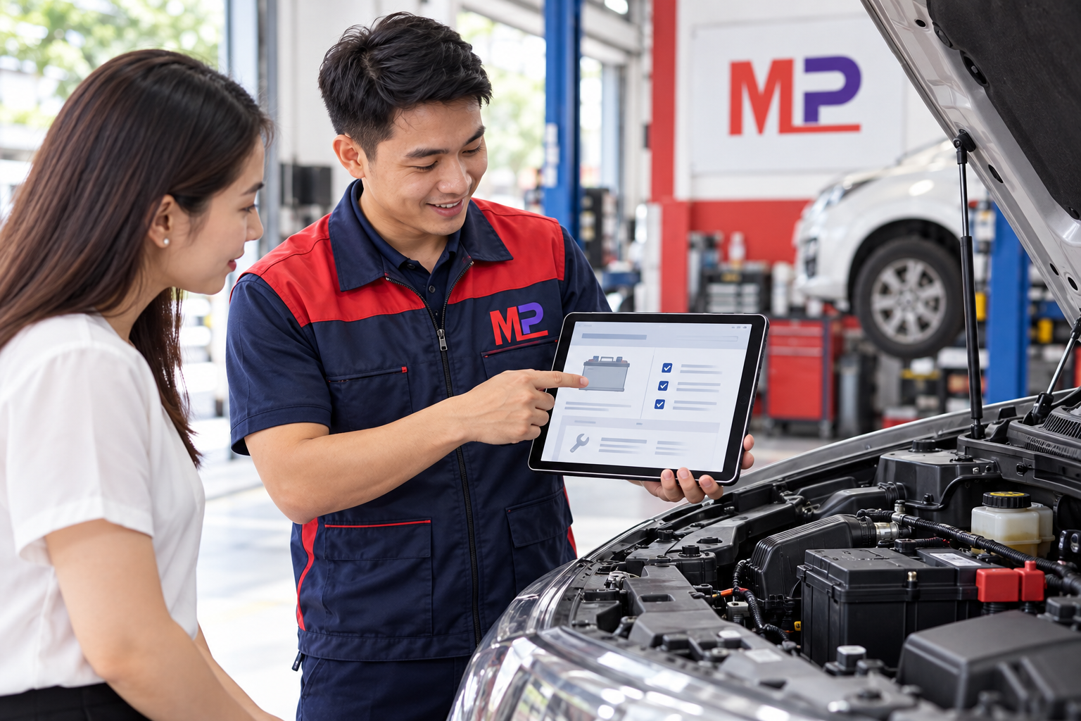 Nhân viên Minh Phát tư vấn phạm vi báo giá thay ắc quy cho khách hàng