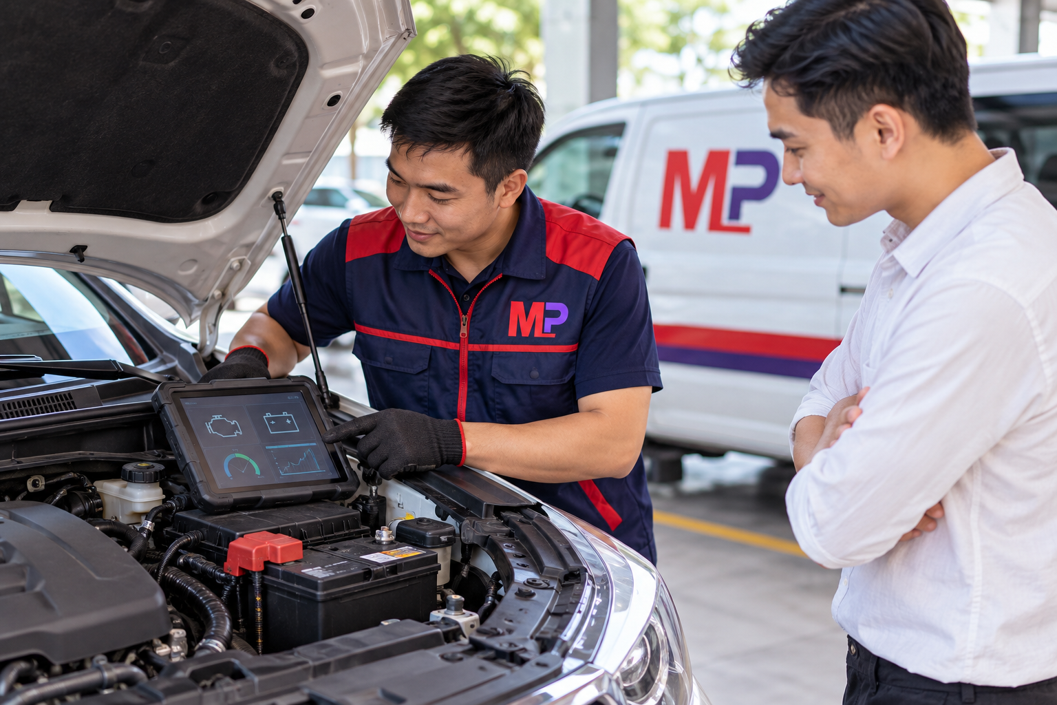 Nhân viên Minh Phát kiểm tra xe sau khi thay ắc quy và bàn giao