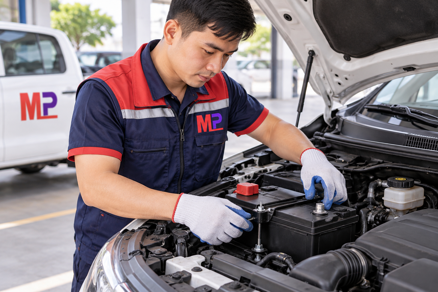 Nhân viên Minh Phát lắp và cố định ắc quy ô tô đúng kỹ thuật