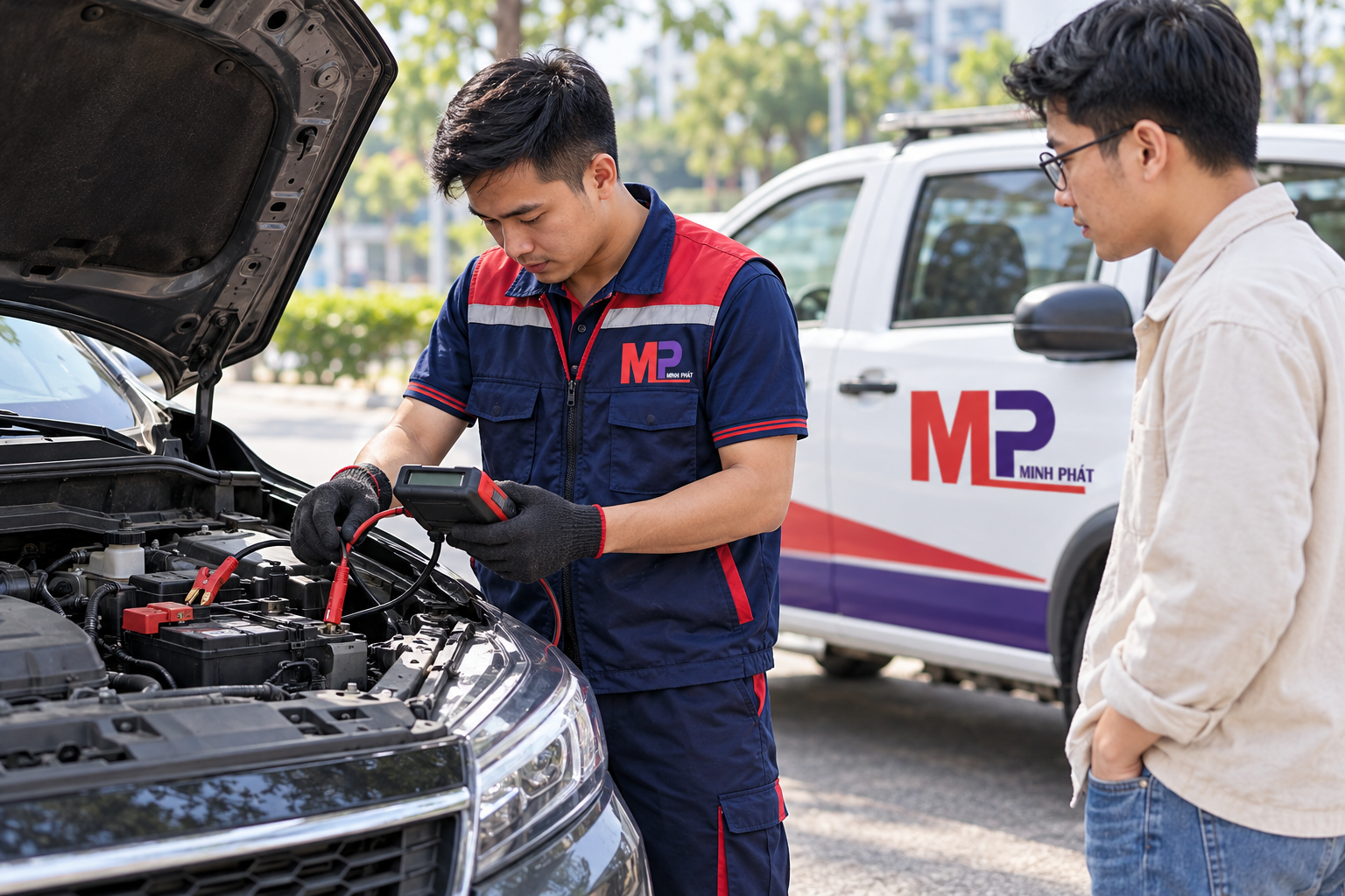 Nhân viên Minh Phát kiểm tra xe sau khi câu bình không thành công