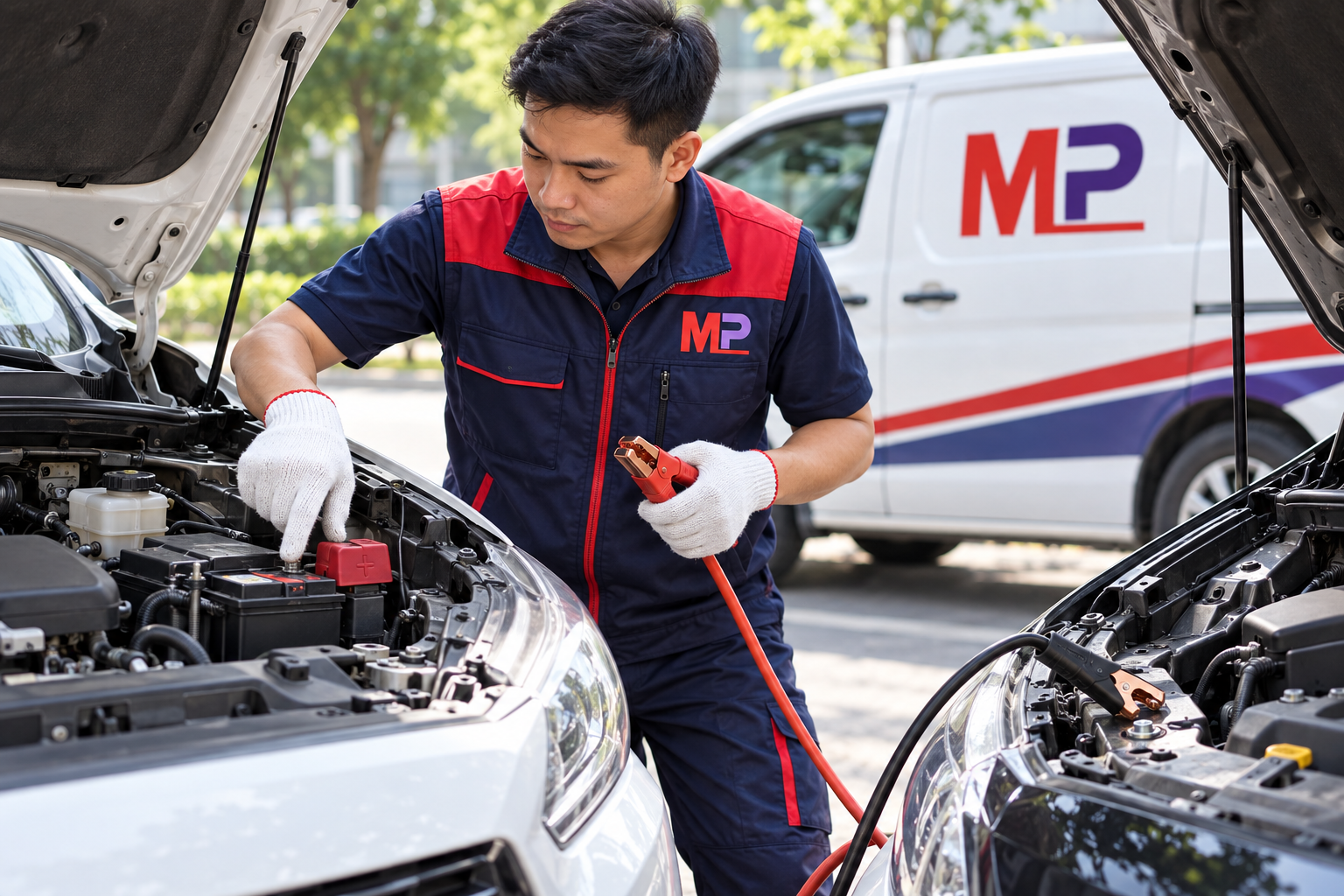 Nhân viên Minh Phát kiểm tra cực và điểm mass trước khi câu bình ô tô