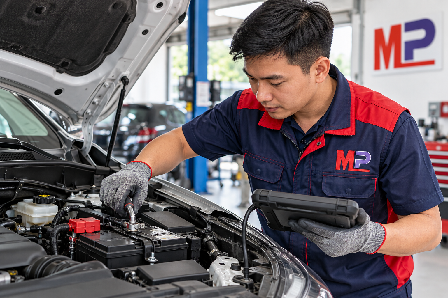 Nhân viên Minh Phát kiểm tra lần cuối sau khi thay ắc quy ô tô