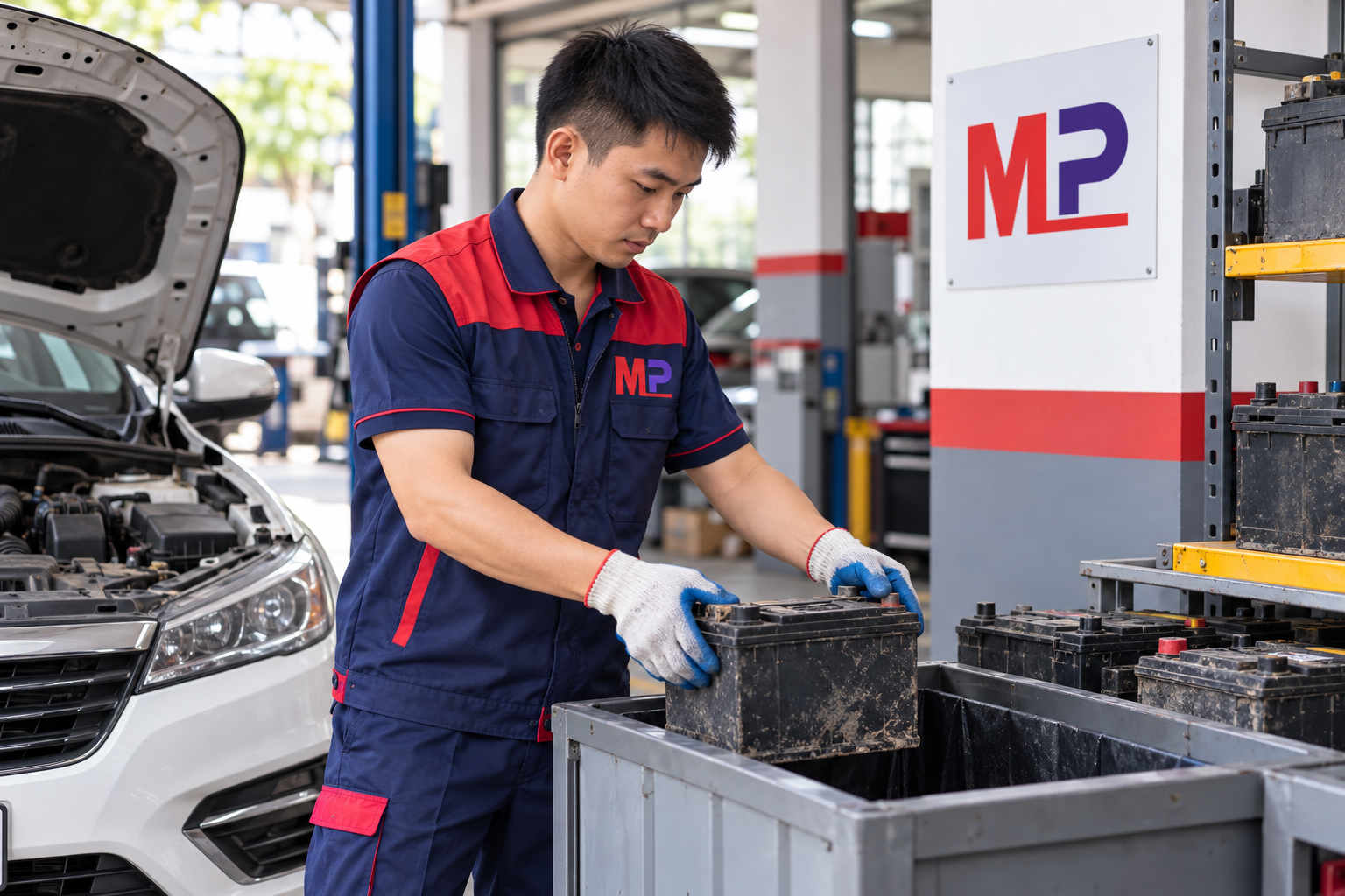 Nhân viên Minh Phát thu hồi và lưu trữ bình ắc quy cũ an toàn