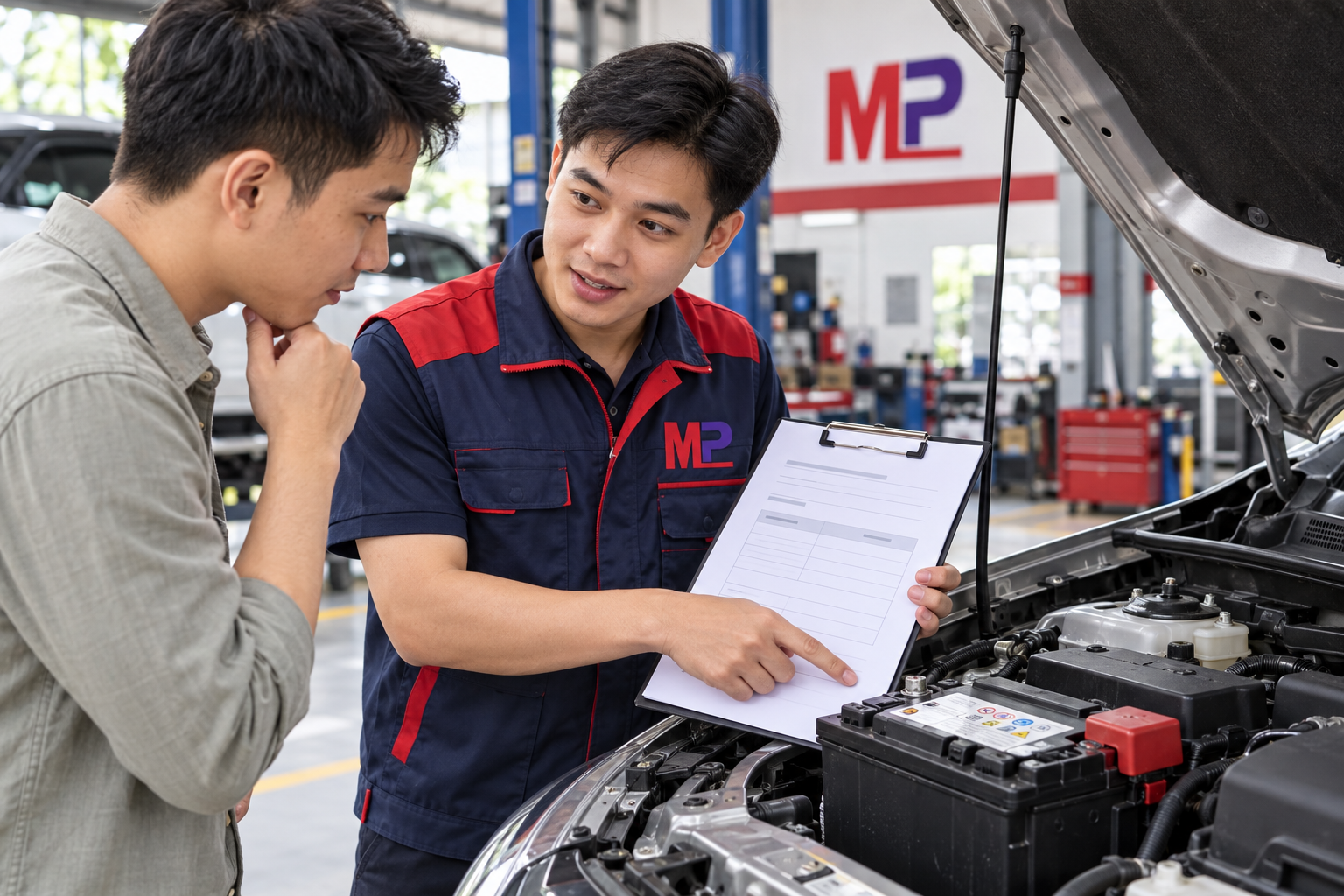 Nhân viên Minh Phát giải thích điều kiện bảo hành ắc quy cho khách hàng
