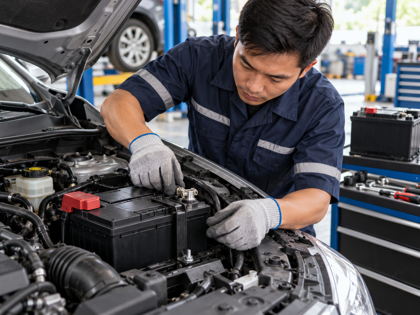 Kỹ thuật viên lắp ắc quy ô tô đúng kích thước